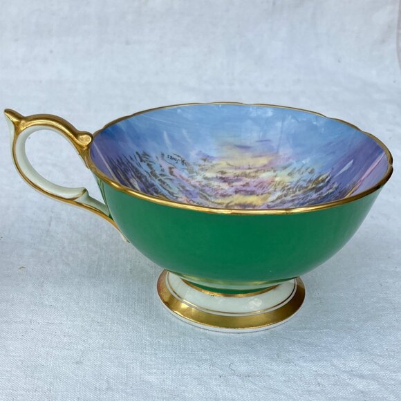 Aynsley Doris Jones Emerald Green Clipper Ship Footed Teacup and Saucer - Picture 10 of 15